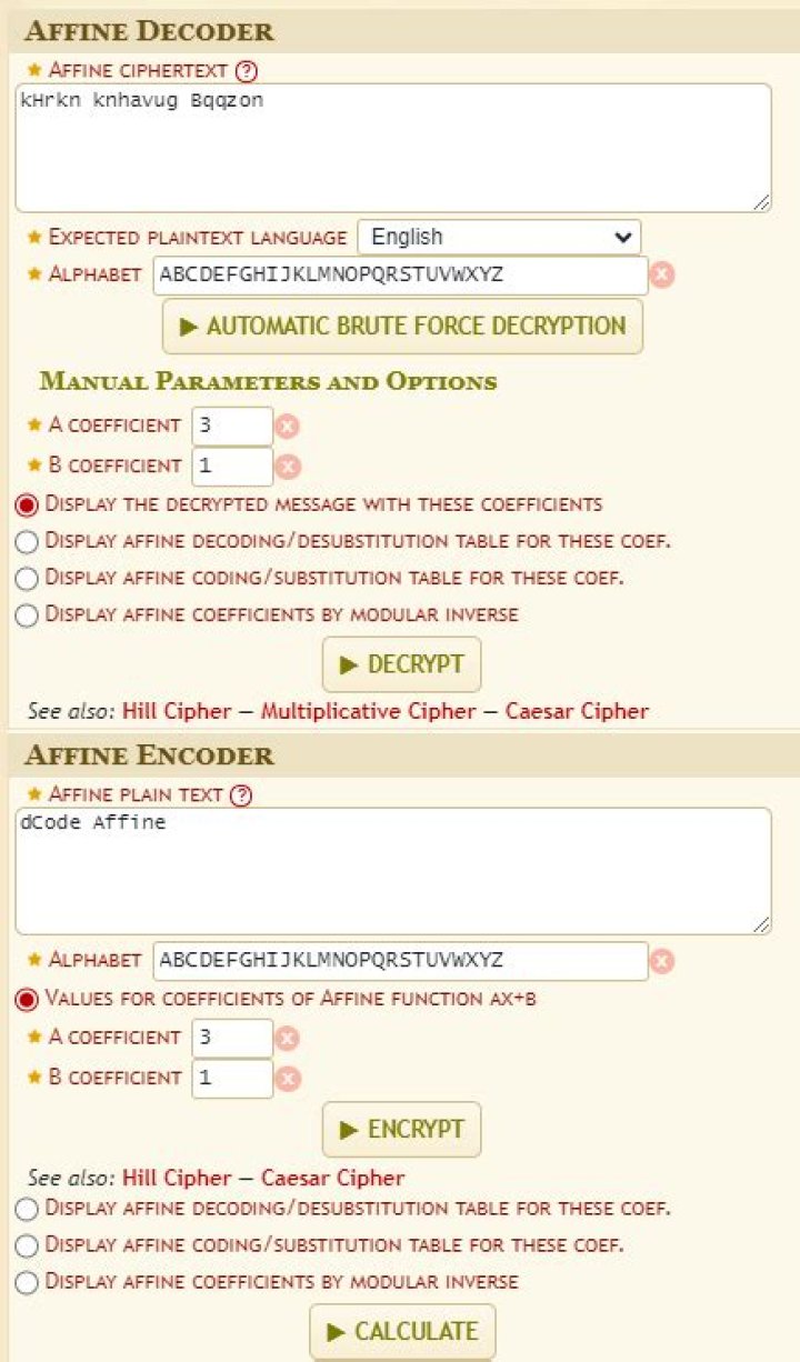 Affine Cipher Calculator